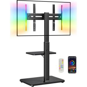 imagePerlegear Floor TV Stand with LED Light for 3275quot TVs Tall TV Stand with Swivel and Tilt 12 Height Levels TV Mount Stand Solid Wood Base up to 110 lbs for Living Room Max VESA 600x400mm PGFS21B