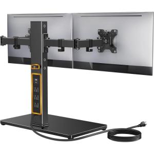 imagePerlegear Freestanding Dual Monitor Stand with Power Strip Computer Monitor Stand for 2 Screens up to 30 Inch Monitor Stand Riser with Glass Base and Adjustable Arms Holds 22 lbs per Arm PGTVS41B
