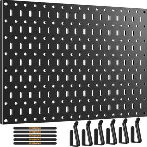 imagePerlegear Metal Pegboard 20 lbs Max Load Wall Organizer with 6 Hooks ampamp 5 Hook ampamp Loop Strips Fits Any TV Mount Black Pegboard for Living Room Home Office ampamp Home Entertainment Organization PGPB01B