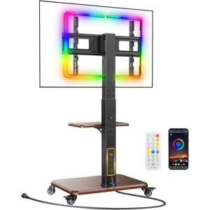 imagePerlegear Rolling TV Stand with LED Lights for 3275 TVs up to 110 lbs Mobile TV Stand with Swivel Tilt and 18 Height Levels TV Cart with Wheels and Solid Wood Base Max VESA 600x400mm PGTVC32BClassic Black With LED Lights